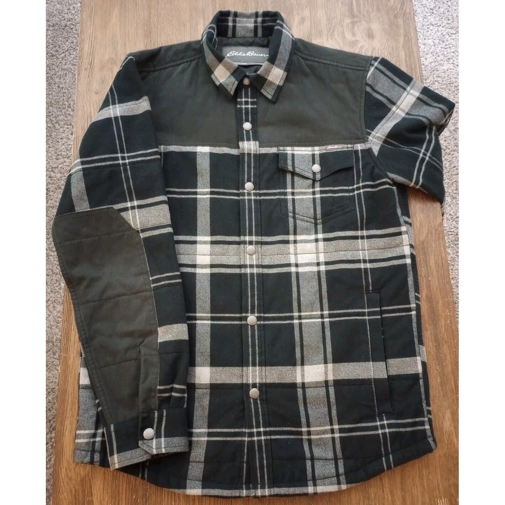 Eddie Bauer Fleece‎ Lined Shirt Jacket Men's Size S Black Gray Plaid Shackett